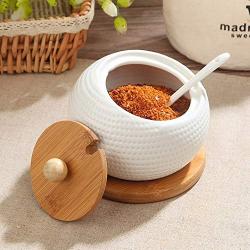 Ceramic cruet seasoning jar salt bowl sugar bowl kitchen household ceramic seasoning jar glass lid storage tank wooden tray,1pcs-J