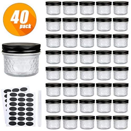 4 oz Glass Jars With Lids（Black）,Small Clear Canning Jars For Caviar,Herb,Jelly,Jams,Mini Wide Mouth Mason Jars Spice Jars For Kitchen Storage Preserving Food And Party Favors 40 Pack