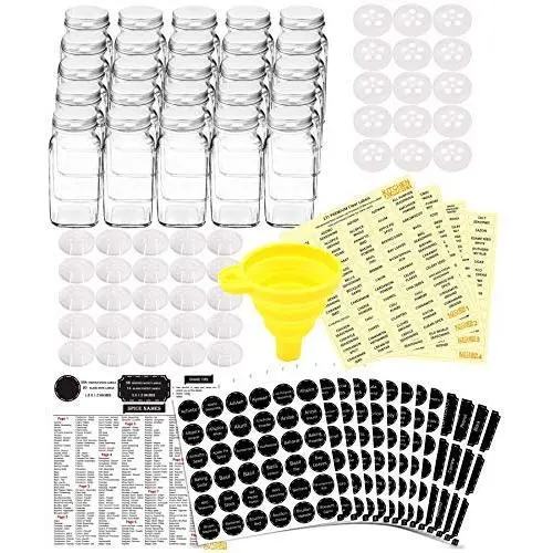 25 Glas Gewürzflaschen Set: 667 Schreibtafel & Klare Etiketten – 6 Fl. Oz. Leere, Quadratische Flaschen mit Gieß-/Sieb- & Grobsieb-Verschluss & Luftdichter Verschluss – Silikon-Trichter von KITCHEN ALMIGHTY