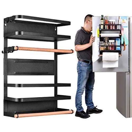 Kitchen Rack - Magnetic Fridge Organizer - 17.7x12.7x5 INCH With 22LBS/10KG Weight Capacity - Paper Towel Holder, Rustproof Spice Jars Rack, Heavy-duty Refrigerator Shelf Storage Including 5 Hooks