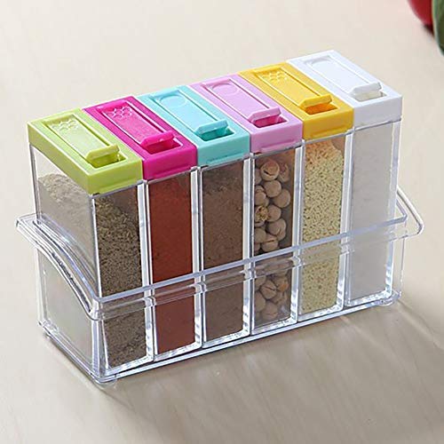 Seasoning Box with Member, Transparent Plastic Cruet Versatile Preserving Jars Pack of 6 with Tray-A