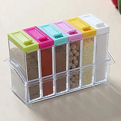 Seasoning Box with Member, Transparent Plastic Cruet Versatile Preserving Jars Pack of 6 with Tray-A