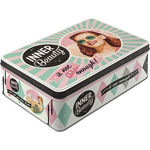 Flat Storage Tin with Inner Beauty Is Not Enough Retro Design 23 x 16 x 7 cm