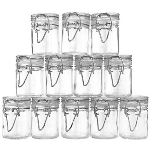 1.6-Ounce Herb Storage Mini Stash Jars w/Clamp Style Rubber Gasket Seal (12-Pack); 50ml Airtight Odor-Proof Vials w/Hermes Clamp Top Hinge Lid Retro Style, Canisters & Spice Containers