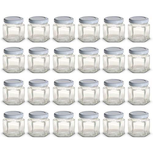 1.5 oz Hexagon Mini Glass Jars with White Lids and Labels (Pack of 24)