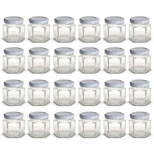 1.5 oz Hexagon Mini Glass Jars with White Lids and Labels (Pack of 24)