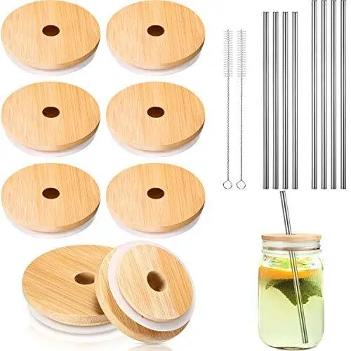 8 Pack Bamboo Mason Jar Lids with Straw Hole Compatible with 70 mm Regular Mouth and 86 mm Wide Mouth Mason Jars (Silicone O-Ring Gasket Included) with Straw and Straw Brushes 8 Pack Bamboo Mason Jar Lids with Straw Hole Compatible with 70 mm Regular Mouth and 86 mm Wide Mouth Mason Jars (Silicone O-Ring Gasket Included) with Straw and Straw Brushes