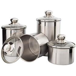 Beautiful Canisters Sets for the Kitchen Counter, Small Sized, 4-Piece Stainless Steel with Glass Lids and 20 ml Measuring Scoop - SilverOnyx Tea Coffee Sugar Canisters - 4pc Glass Lids