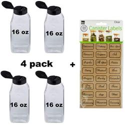 4 Pack - 16 Ounces Plastic Spice Jars, Storage Containers - Includes set of Kitchen Canister Labels