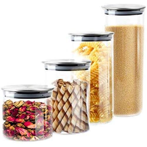 Airtight Glass Food Storage Canisters, Set of 4 Kitchen Storage Containers with Stainless Steel Cover, Durable Food Jar for Pantry Organization