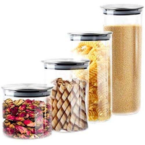 Airtight Glass Food Storage Canisters, Set of 4 Kitchen Storage Containers with Stainless Steel Cover, Durable Food Jar for Pantry Organization