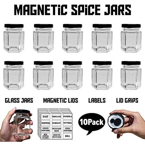 10-Pack Magnetic Glass Jars Large 100ml with Black Lids Custom Spice Rack Gift Kit