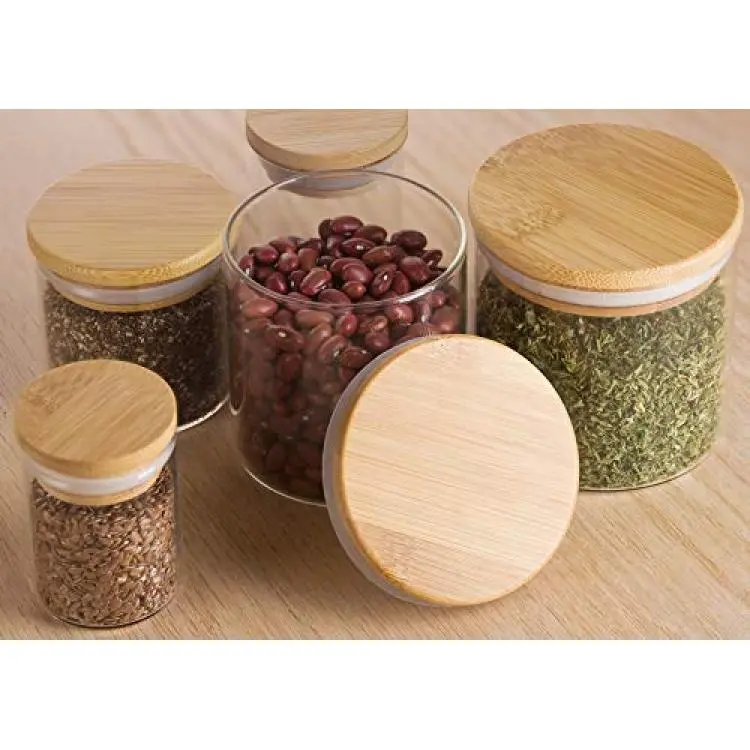 8 Piece Premium Borosilicate Glass Jars with Bamboo Air Tight Lids, Multi Size for Kitchen, Bathroom, Craft, Home, and Business