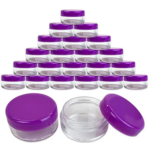 Bouteilles Rondes Transparentes 5G/5mL avec Couvercles Violettes pour Crèmes, Lotion, Toniques, Baumes à Lèvres, Échantillons de Maquillage - Sans BPA (Quantité: 25 Pièces) Bouteilles Rondes Transparentes 5G/5mL avec Couvercles Violettes pour Crèmes, Lotion, Toniques, Baumes à Lèvres, Échantillons de Maquillage - Sans BPA (Quantité: 25 Pièces)