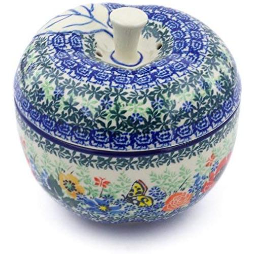 Polish Pottery 4?-inch Apple Shaped Jar made by Ceramika Artystyczna (Spring Butterfly Theme) Signature UNIKAT + Certificate of Authenticity