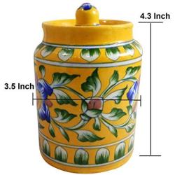 Handmade Ceramic Jar Container 250 ml Ceramic Achar Barni Blue Pottery Art Yellow Color Decorative Ceramic Kitchen Storage Container with Lid Use for Storage Nuts/Snacks/Spices/Pickles/Dessert