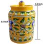 Handmade Ceramic Jar Container 250 ml Ceramic Achar Barni Blue Pottery Art Yellow Color Decorative Ceramic Kitchen Storage Container with Lid Use for Storage Nuts/Snacks/Spices/Pickles/Dessert