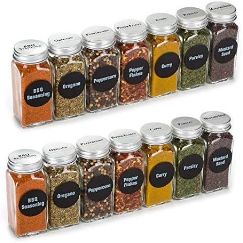 6oz, BEST VALUE 14 Glass Spice Jars includes pre-printed Spice Labels. 14  Square Empty Jars, Airtight Cap, Chalkboard & Clear Label, kitchen Funnel  Pour/Sift Shakers