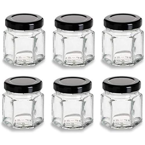 Nakpunar Hexagon Glass Jars (6pcs, 1.5 oz (45 ml) w/Black Lid)