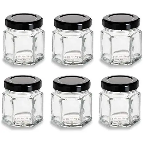Nakpunar Hexagon Glass Jars (6 Stück, 1,5 oz (45 ml) mit schwarzem Deckel)