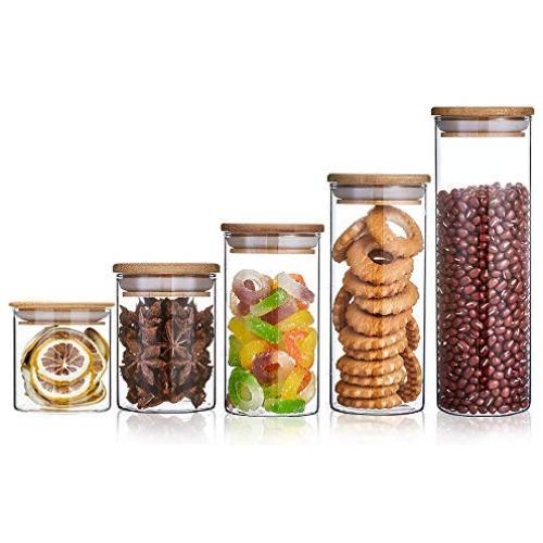 Danmu 5Pcs a Set Lead Free Borosilicate Glass Storage Jars Kitchen Jars Food Storage Jars with Airtight Bamboo Lids, Kitchen Storage Containers, 6oz 8.5oz 10oz 12.8oz 17oz