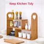 Solid Natural Bamboo Spice Rack Bottle Jars Holder, Countertop Corner Storage Organizer Free Standing with 3-Tier Adjustable Slim Display Shelf for Kitchen Bathroom Workstation