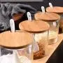 Glas-Gewürzsatz, Küchensalz- und Gewürzsatz mit Holzdeckeln und Messlöffel - Haushalt Gewürzbehälter-Set