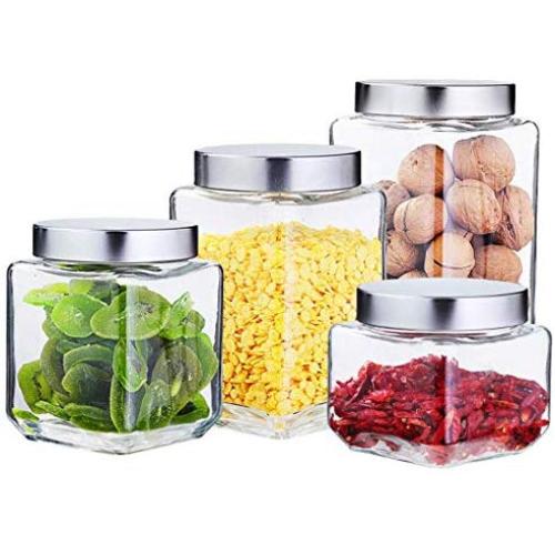 HIZLJJ Canister Set of 4,Glass Kitchen Canisters with Airtight Lid, Glass Storage Jars for Kitchen, Bathroom and Pantry Organization Ideal for Flour, Sugar, Coffee, Candy, Snack and More