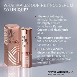 NeverWithout Retinol Serum hochdosiert als Retinol Creme für die Nacht geeignet. Mit konzentrierter Hyaluronsäure, Vitamin A, Vitamin E & Peptiden. Anti Aging Creme Frauen & Männer für Cell-Erneuerung