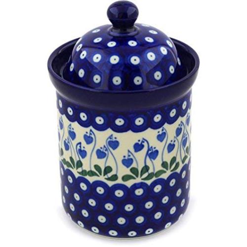Polish Pottery 7?-inch Jar with Lid made by Ceramika Artystyczna (Bleeding Heart Peacock Theme) + Certificate of Authenticity
