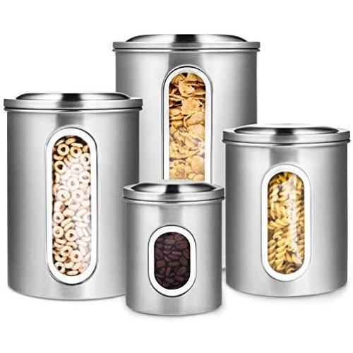 Deppon 4-Piece Canister Set Stainless Steel with Airtight Lids and Plexi-Glass Window Large for Flour Sugar Tea Coffee Nuts Food Storage (Silver)