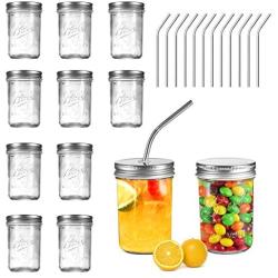 Ball Mason Jars 8 OZ, OAMCEG 12 Pack Canning Jars with Lids & 12 Straws, 100% Recycled Glass Bottles and Drinking Straws for Regular Mouth Mason Jars, Ideal for Juice, Jam, Honey, Spice, Baby Foods