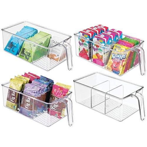 mDesign Plastic Kitchen Pantry Cabinet Refrigerator Food Storage Organizer Bin Holder with Handle - for Organizing Individual Packets, Snacks Food, Produce, Pasta - Medium, 4 Pack - Clear