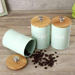 3Pcs Tea Coffee Sugar Storage Jars Food Storage Iron Jars Moisture-proof fresh green wood lid Cover Candy Bottles Can Kitchen