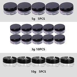 Round Clear Jars with Lids, 20 Pack 3/5/10 Gram Cosmetic Travel Containers Sample Containers Small Plastic Container for Lip Balms, Creams, Make Up, Cosmetics, Samples(Black, with Makeup Spoon)