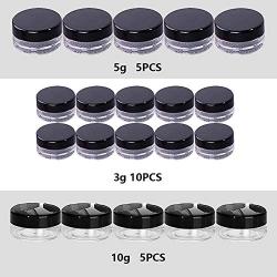 Round Clear Jars with Lids, 20 Pack 3/5/10 Gram Cosmetic Travel Containers Sample Containers Small Plastic Container for Lip Balms, Creams, Make Up, Cosmetics, Samples(Black, with Makeup Spoon)