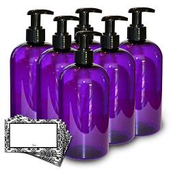 Baire Bottles - 16 Ounce Purple Plastic Bottles with Black Lotion Pumps - Organize Soap, Shampoo and Lotion - PET, Lightweight, No BPA - 6 Pack, including 6 Damask Labels