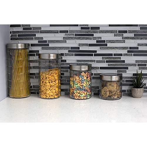 Home Basics Chex 4 Piece Glass Canister Set with Air-tight Stainless Steel Lids, Kitchen Storage Organization Wide Mouth Jar, For Past, Food, Tea, Coffee, Flower, Baked Goods, Clear