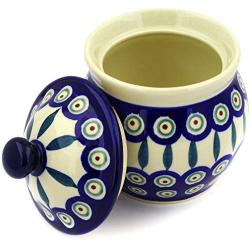 Polish Pottery 5?-inch Jar with Lid (Peacock Leaves Theme) + Certificate of Authenticity
