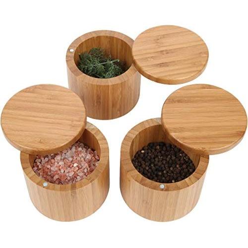 Lilys Home Round Bamboo Jar, Salt and Spices Storage Containers, Small 6oz Salt Box With Magnetic Lock. Set of 3 Wood Boxes