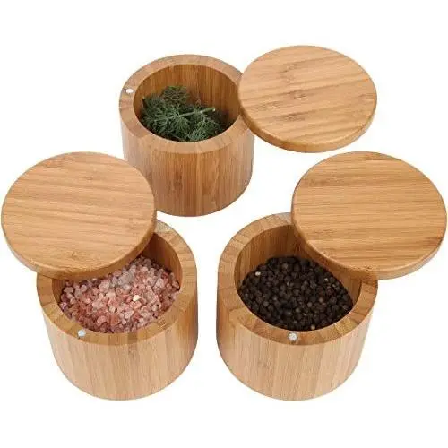 Lilys Home Round Bamboo Jar, Salt and Spices Storage Containers, Small 6oz Salt Box With Magnetic Lock. Set of 3 Wood Boxes Lilys Home Round Bamboo Jar, Salt and Spices Storage Containers, Small 6oz Salt Box With Magnetic Lock. Set of 3 Wood Boxes