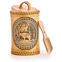 Siberian Birch Bark Canister with a Wooden Spoon for Vintage, Rustic or Farmhouse Look. Storage Container for Serving Tea, Sugar, Salt, Herbs and more (Bear)