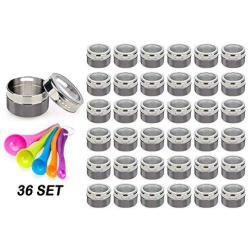 Nellam Magnetic Spice Jars - Kitchen Storage Containers Pantry Rack Organizer - Stainless Steel Airtight Tins for Stack on Fridge to Save Counter & Cupboard Space (Set of 36 PCS - Gray)