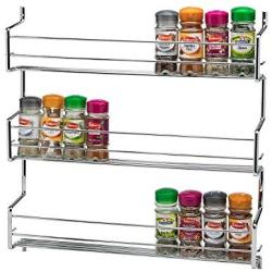 CKB Ltd 3-Tier Spice Rack Metal Wall mounted - Holds 30 Jars - Chrome TRIPLE Shelf Wall Cupboard Door Mounted Storage Stand Kitchen Cooking Universal Organizer 45 x 7 x 46cm