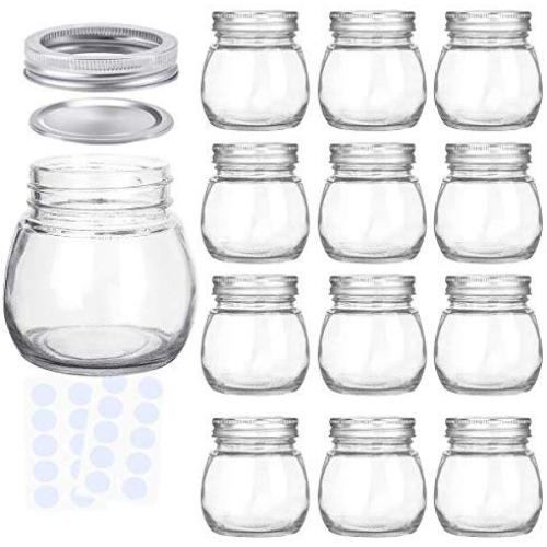KAMOTA Round Mason Jars 12 oz With Regular Lids and Bands, Ideal for Jam, Honey, Wedding Favors, Shower Favors, Baby Foods, DIY Magnetic Spice Jars, 12 PACK, 20 Whiteboard Labels Included
