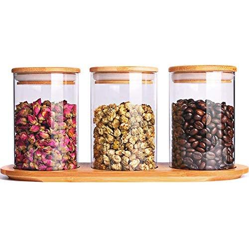 WANGLXST Glass Storage Jar, Kitchen Food Containers with Bamboo Lid Make It Airtight Food Storage Container with Silicone Sealing Ring Set of 3, Transparent