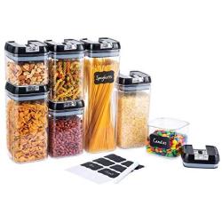 Hello Cucina Airtight Food Storage with Stickers, Stackable Pantry Organizer for Cereal, Flour, Cookie, Pasta, Sugar & More - Ideal for Kitchen Countertops (7-Pack, Black)