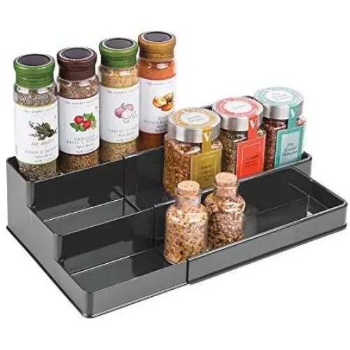 mDesign Plastic Adjustable, Expandable Kitchen Cabinet, Pantry, Shelf Organizer/Spice Rack with 3 Tiered Levels of Storage for Spice Bottles, Jars, Seasonings, Baking Supplies - Charcoal Gray
