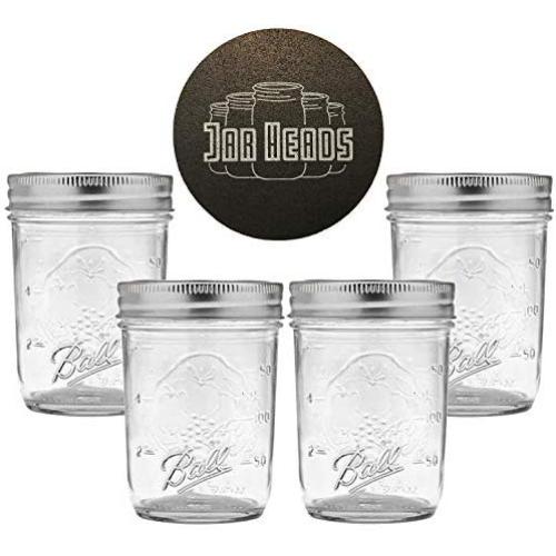 Ball Mason Jars 8 oz Bundle with Non Slip Jar Opener- Set of 4 Half Pint Size Jelly Mason Jars with Regular Mouth - Mini Canning Glass Jars with Lids and Bands