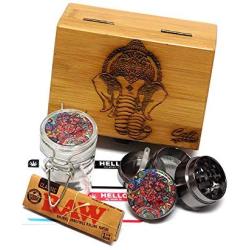 Elephant Laser Etched Sacred Geometry Stash Box, 1.6" Zinc Alloy Grinder, Small Stash Jar - ALL IN ONE Box Package Item# WBCS111617-4